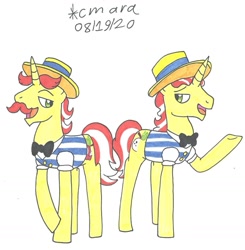 Size: 1323x1352 | Tagged: safe, artist:cmara, flam, flim, pony, unicorn, g4, bowtie, clothes, duo, facial hair, flim flam brothers, hat, male, moustache, open mouth, raised hoof, shirt, simple background, stallion, traditional art, white background