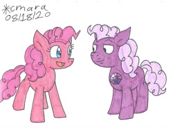 Size: 1218x899 | Tagged: safe, artist:cmara, pinkie pie, earth pony, gem (race), gem pony, pony, g4, amethyst, amethyst (steven universe), crossover, duo, duo female, female, gem, mare, open mouth, ponified, quartz, shapeshifting, simple background, steven universe, traditional art, white background