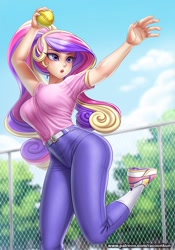 Size: 716x1024 | Tagged: safe, alternate version, artist:racoonsan, edit, editor:thomasfan45, princess cadance, human, g4, anime, ball, beautiful, beautisexy, belt, blushing, breasts, busty princess cadance, clothes, cute, cutedance, female, fence, hand, humanized, jeans, nail polish, open mouth, outdoors, pants, praise the love, sexy, shirt, shoes, sneakers, socks, softball, solo, sports, t-shirt, tree