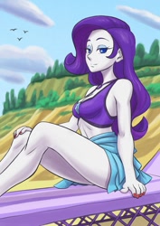 Size: 723x1024 | Tagged: safe, alternate version, artist:brother-tico, edit, editor:thomasfan45, rarity, human, equestria girls, equestria girls series, forgotten friendship, beach, beach chair, beautiful, bedroom eyes, bikini, breasts, busty rarity, chair, cleavage, clothes, cloud, cute, eyeshadow, female, geode of shielding, legs, lidded eyes, looking at you, magical geodes, makeup, nail polish, outdoors, rarity's blue sarong, rarity's purple bikini, sand, sarong, schrödinger's pantsu, sexy, sitting, smiling, solo, swimsuit, thighs