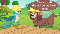 Size: 1280x720 | Tagged: safe, edit, edited screencap, editor:korora, screencap, gallus, yona, griffon, yak, g4, non-compete clause, apple, apple tree, boards, bow, caption, cloven hooves, cute, duo, female, food, hair bow, hard hat, image macro, male, monkey swings, nail, pun, reaction image, speech, sweet apple acres, talking, text, tree, yonadorable