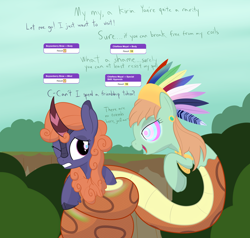 Size: 2000x1900 | Tagged: safe, artist:mightyshockwave, oc, oc only, oc:boysenberry brew, oc:chieftess muyal, kirin, lamia, original species, my little pony: tails of equestria, canopy, cliff, coils, critical failure, d20 roll, dialogue, gritted teeth, headdress, imminent mind control, jewelry, kaa eyes, kirin oc, one eye closed, open mouth, open smile, smiling