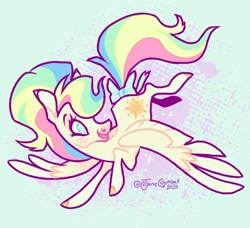 Size: 1280x1165 | Tagged: safe, artist:janegumball, starshine, pegasus, pony, g1, g4, bow, colored hooves, female, flying, g1 to g4, generation leap, mare, multicolored hair, rainbow hair, solo, tail bow