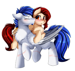 Size: 2978x2850 | Tagged: safe, artist:pridark, oc, oc only, pegasus, pony, blushing, colored wings, commission, cute, daaaaaaaaaaaw, duo, eyes closed, high res, multicolored wings, open mouth, raised hoof, simple background, smooch, transparent background, wings