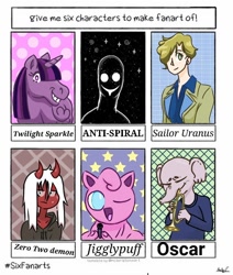 Size: 720x848 | Tagged: safe, artist:lobitolol.xl, twilight sparkle, alicorn, elephant, jigglypuff, pony, anthro, g4, anthro with ponies, anti-spiral, bust, clothes, crossover, darling in the franxx, eyes closed, grin, horns, jacket, male, microphone, musical instrument, one eye closed, oscar peltzer, pokémon, sailor moon (series), sailor uranus, singing, six fanarts, smiling, summer camp island, tengen toppa gurren lagann, tenou haruka, twilight sparkle (alicorn), wink, zero two (darling in the franxx)