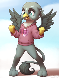 Size: 3000x4000 | Tagged: safe, artist:ohemo, gabby, griffon, semi-anthro, g4, bipedal, chest fluff, clenched fist, clothes, cute, female, gabbybetes, hoodie, open mouth, smiling, solo, spread wings, wings