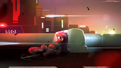 Size: 3840x2160 | Tagged: safe, artist:deafjaeger, oc, oc only, oc:silent bolt, pegasus, pony, angry, asphalt, bulletproof vest, city, clothes, concrete, crossbow, cyberpunk, evening, fight, future, grenade, hiding, high res, knife, light, lying down, particles, police, road, sky, soldier, solo, sun, the chronicles of order, uniform, weapon, wings