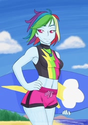 Size: 724x1024 | Tagged: safe, alternate version, artist:brother-tico, edit, editor:thomasfan45, rainbow dash, human, equestria girls, equestria girls series, forgotten friendship, alternate hairstyle, armpits, beach, bedroom eyes, belly button, clothes, cloud, female, geode of super speed, hand on hip, lidded eyes, looking at you, magical geodes, midriff, ocean, sand, sexy, smiling, solo, surfboard, swimming trunks, swimsuit