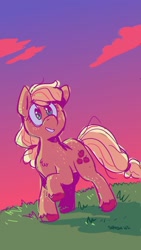 Size: 800x1423 | Tagged: safe, artist:simondrawsstuff, applejack, earth pony, pony, g4, cloud, colored hooves, female, mare, missing accessory, signature, sky, solo, sunset