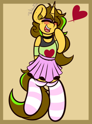 Size: 2400x3243 | Tagged: safe, artist:theawkwarddork, oc, oc only, oc:awkward dork, pony, unicorn, semi-anthro, arm hooves, blushing, clothes, crossdressing, ear fluff, eyeshadow, femboy, freckles, heart, high res, makeup, male, skirt, smiling, socks, solo, striped socks, thigh highs