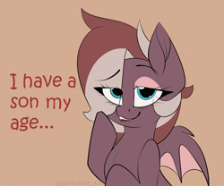 Size: 1230x1024 | Tagged: safe, artist:luxsimx, edit, oc, oc only, oc:efflorescence, bat pony, pony, bat pony oc, bat wings, eye clipping through hair, female, makeup, mare, milf, older, physically impossible, solo, text, wat, wings