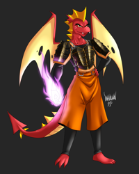 Size: 4000x5000 | Tagged: safe, artist:danmakuman, garble, dragon, g4, badass, black background, commission, crossover, fire, hand on hip, male, simple background, solo