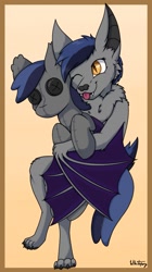 Size: 719x1280 | Tagged: safe, artist:zackwhitefang, oc, oc only, oc:echo, bat, bat pony, fruit bat, pony, :p, bat pony oc, bat wings, commission, digital art, flying fox, furry, furry oc, hug, one eye closed, plushie, simple background, tongue out, wings