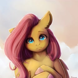 Size: 4000x4000 | Tagged: safe, artist:miokomata, fluttershy, pegasus, pony, g4, absurd resolution, cloud, cloudy, colored hooves, detailed, female, freckles, freckleshy, frown, human shoulders, looking at you, mare, solo, staring into your soul