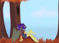 Size: 3176x2300 | Tagged: safe, artist:scootaspark, oc, oc only, oc:cassie, pegasus, anthro, unguligrade anthro, autumn, clothes, eyes closed, freckles, high res, overalls, sleeping, solo, striped sweater, sweater, tree