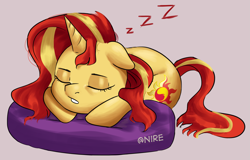 Size: 3101x1979 | Tagged: safe, artist:nire, sunset shimmer, pony, unicorn, g4, chubby cheeks, curled up, cushion, cute, cutie mark, eyes closed, floppy ears, hooves together, onomatopoeia, shimmerbetes, sleeping, sound effects, zzz