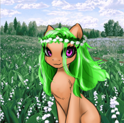 Size: 960x956 | Tagged: safe, artist:dark_nidus, derpibooru exclusive, oc, oc only, earth pony, pony, cloud, curly hair, floral head wreath, flower, flower in hair, forest, lily (flower), outdoors, scenery, solo, wreath
