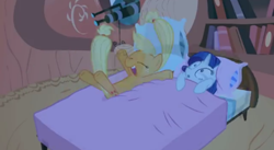 Size: 496x272 | Tagged: safe, screencap, applejack, rarity, earth pony, pony, unicorn, g4, look before you sleep, bed, covering, excited, female, golden oaks library, hoof hold, jumping, jumping on the bed, mare, shocked, sleeping together, sleepover, spread hooves, spread legs, spreading