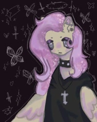 Size: 768x960 | Tagged: safe, artist:tzigari, fluttershy, pegasus, pony, g4, chalkboard, choker, clothes, cross, cross necklace, ear piercing, earring, female, fluttergoth, goth, hoodie, industrial barbell, industrial piercing, jewelry, necklace, piercing, solo, sparkly mane, spiked choker