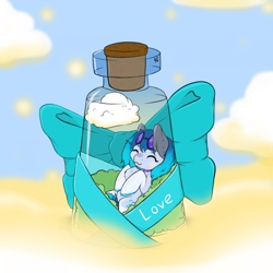 Size: 960x960 | Tagged: safe, artist:dark_nidus, oc, oc only, pony, bottle, bow, chibi, choker, cloud, cutie mark, eyes closed, glasses, pony in a bottle, sleeping, solo, tail