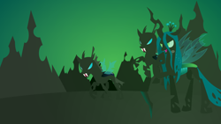 Size: 1920x1080 | Tagged: source needed, safe, artist:thunder-blur, queen chrysalis, changeling, changeling queen, g4, crown, fangs, female, jewelry, lineless, regalia, simple, wallpaper