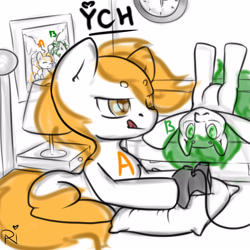 Size: 3000x3000 | Tagged: safe, artist:dark_nidus, pony, advertisement, clock, commission, controller, high res, indoors, photo, pillow, sketch, tongue out, your character here