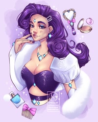 Size: 1080x1350 | Tagged: safe, artist:resaa.art, rarity, human, g4, belt, blushing, bow, bust, clothes, comb, compact mirror, diamond, ear piercing, earring, eyeshadow, faux fur, female, gem, gloves, hairclip, humanized, jewelry, lipstick, makeup, mirror, nail polish, necklace, perfume, piercing, portrait, powder puff, ring, shawl, solo, sparkles, tiara