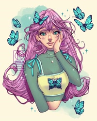 Size: 1080x1350 | Tagged: safe, artist:resaa.art, fluttershy, butterfly, human, g4, bow, bust, clothes, ear piercing, earring, female, hooped earrings, humanized, jewelry, long sleeves, nail polish, necklace, pendant, piercing, portrait, ring, see-through, see-through shirt, shirt, short shirt, solo, sparkles, sports bra, sweater, tank top, turtleneck