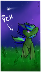 Size: 1698x3000 | Tagged: safe, artist:dark_nidus, oc, pony, unicorn, commission, flower, grass, grass field, outdoors, sky, stars, your character here