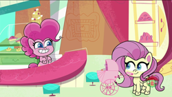 Size: 1920x1080 | Tagged: safe, screencap, fluttershy, pinkie pie, earth pony, pegasus, pony, g4.5, my little pony: pony life, the 5 habits of highly effective ponies, bipedal, cute, diapinkes, female, mare, treehouse logo