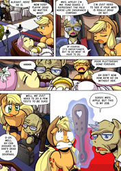 Size: 1204x1700 | Tagged: safe, artist:tarkron, applejack, fluttershy, oc, oc:fund guard, earth pony, pegasus, pony, unicorn, comic:what happens in las pegasus, g4, comic, female, glowing, glowing horn, horn, imminent spanking, insurance fraud, levitation, liarjack, magic, mare, old, paddle, playing dead, scared, telekinesis, this will not end well