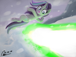 Size: 1600x1200 | Tagged: safe, artist:raphaeldavid, starlight glimmer, pony, unicorn, g4, the ending of the end, blast, dodge, female, fight, implied queen chrysalis, magic, magic beam, magic blast, offscreen character, open mouth, snow, solo