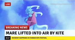 Size: 719x387 | Tagged: safe, artist:jellynut, edit, trixie, pony, unicorn, g4, accident, break your own news, breaking news, cloud, eyes closed, female, grass, kite, kite flying, lying down, mare, on back, sky, taiwan, this will end in tears