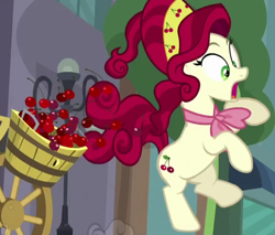 Size: 1318x1125 | Tagged: safe, screencap, cherry jubilee, earth pony, pony, g4, party pooped, cherry, cropped, female, food, mare, surprised