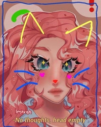 Size: 777x971 | Tagged: safe, artist:imxxnn_, pinkie pie, human, g4, bust, cat filter, clothes, female, freckles, human coloration, humanized, lipgloss, portrait, selfie, shirt, snapchat filter, social media, solo, sparkly eyes, subtitles, wingding eyes