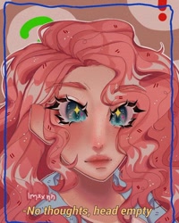 Size: 776x971 | Tagged: safe, alternate version, artist:imxxnn_, pinkie pie, human, g4, bust, clothes, female, freckles, human coloration, humanized, lipgloss, portrait, selfie, shirt, social media, solo, sparkly eyes, subtitles, wingding eyes