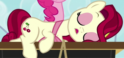 Size: 2000x939 | Tagged: safe, screencap, cherry jubilee, pinkie pie, earth pony, pony, g4, party pooped, cropped, eyes closed, female, mare, sleeping, solo focus