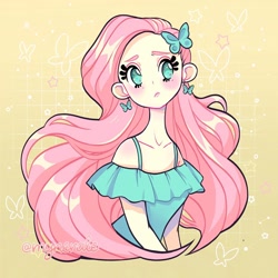 Size: 1080x1080 | Tagged: dead source, safe, artist:mynerale, fluttershy, butterfly, human, g4, blouse, blushing, clothes, cute, cutie mark accessory, ear piercing, earring, female, humanized, jewelry, piercing, shirt, shyabetes, solo, starry eyes, wingding eyes