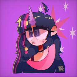 Size: 1080x1080 | Tagged: safe, artist:x_.sazxto._x, twilight sparkle, human, g4, bust, choker, clothes, cutie mark, cutie mark background, cutie mark on cheek, cutie mark on human, female, horn, horned humanization, humanized, jewelry, necklace, portrait, shirt, solo
