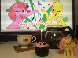 Size: 1280x960 | Tagged: safe, artist:dieva4130, fluttershy, pinkie pie, earth pony, pony, g4, bib, candle, celebration, chica, coffee, coffee mug, coffee pot, crossover, cupcake, duo, five nights at freddy's, five nights at freddy's 2, food, irl, monitor, mug, one eye closed, photo, toy, toy chica, wink