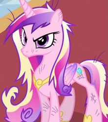 Size: 1122x1271 | Tagged: safe, screencap, princess cadance, alicorn, pony, a canterlot wedding, g4, cropped, dirty, female, folded wings, mare, messy mane, scratches, solo, wings