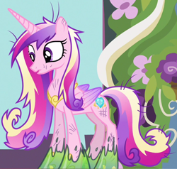 Size: 1214x1157 | Tagged: safe, screencap, princess cadance, alicorn, pony, a canterlot wedding, g4, changeling slime, cropped, dirty, female, folded wings, mare, messy mane, messy tail, scratches, slime, solo, stuck, tail, wings