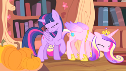 Size: 1920x1080 | Tagged: safe, screencap, princess cadance, twilight sparkle, alicorn, pony, g4, three's a crowd, disgusting, duo, duo female, eyes closed, female, golden oaks library, hoof shoes, implied farting, out of context, pumpkin, sisters-in-law, twilight sparkle (alicorn)