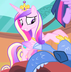 Size: 1216x1243 | Tagged: safe, screencap, discord, princess cadance, twilight sparkle, alicorn, pony, g4, three's a crowd, bed, crown, female, folded wings, golden oaks library, hoof shoes, jewelry, mare, massage, regalia, solo focus, twilight sparkle (alicorn), wings