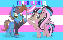 Size: 2223x1400 | Tagged: safe, artist:pizza lord, oc, oc only, oc:drizzle dots, oc:zozer, pegasus, pony, unicorn, :p, duo, hoof hold, looking at you, pride, pride flag, tongue out, trans rights, transgender, transgender pride flag