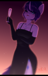 Size: 1587x2496 | Tagged: safe, artist:yuozka, rarity, unicorn, anthro, g4, alternate hairstyle, arm under breasts, black dress, breasts, busty rarity, champagne glass, classy, cleavage, clothes, cutie mark, dress, elegant, evening gloves, glass, gloves, jewelry, lipstick, little black dress, long gloves, necklace, one eye closed, side slit, wink