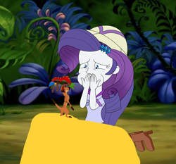 Size: 1376x1281 | Tagged: safe, rarity, insect, meerkat, equestria girls, g4, 1000 hours in ms paint, clothes, covering mouth, crossover, explorer outfit, grub, hat, imminent vomit, imminent vomiting, jungle, pith helmet, the lion king, timon