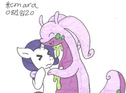 Size: 1097x811 | Tagged: safe, artist:cmara, rarity, goodra, pony, unicorn, g4, bipedal, crossover, cute, eyes closed, female, hug, mare, open mouth, pokémon, simple background, traditional art, uncomfortable, white background