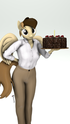 Size: 1080x1920 | Tagged: safe, artist:spinostud, oc, oc only, oc:coffe, pegasus, anthro, 3d, black forest cake, cake, clothes, food, looking at you, pants, portal (valve), shirt, simple background, solo, source filmmaker, the cake is a lie, white background