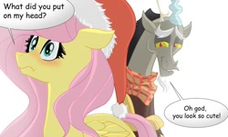 Size: 1024x619 | Tagged: safe, artist:pizza lord, discord, fluttershy, g4, blushing, christmas, cute, dialogue, female, funny, hat, holiday, male, santa hat, ship:discoshy, shipping, straight
